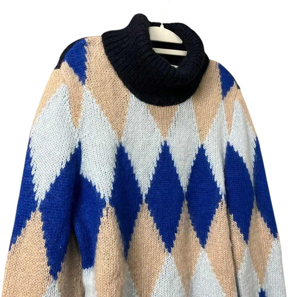 Tory‎ Burch Libby Argyle Turtleneck Diamond Color block Blue Beige Size Large